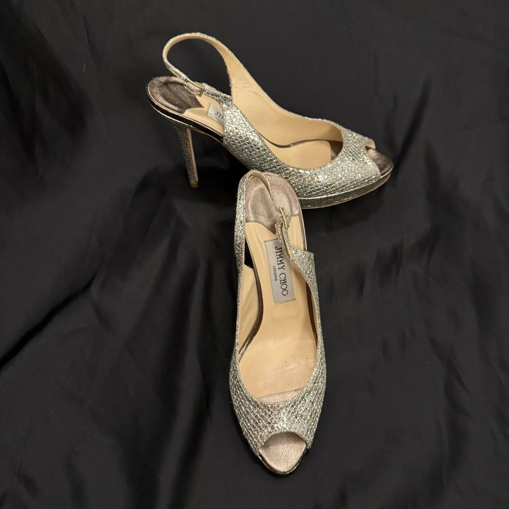 Authentic Jimmy Choo Nova Champagne Glittery Peep Toe Slingbacks w/ Original Box